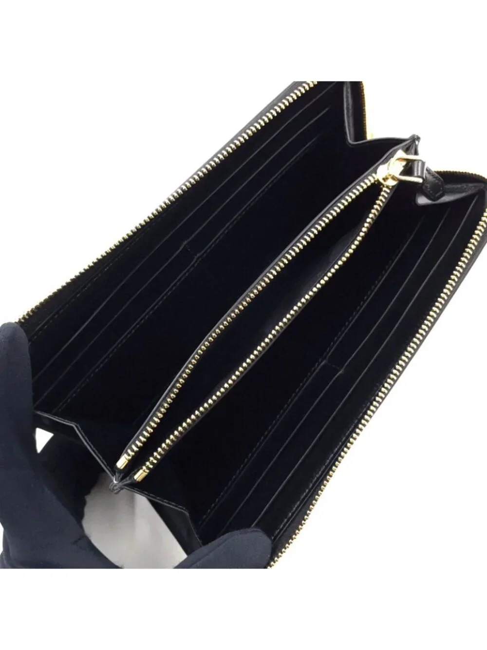 Bvlgari B-zero One Charm L-shaped Zipper Leather Black White Wallet Gold